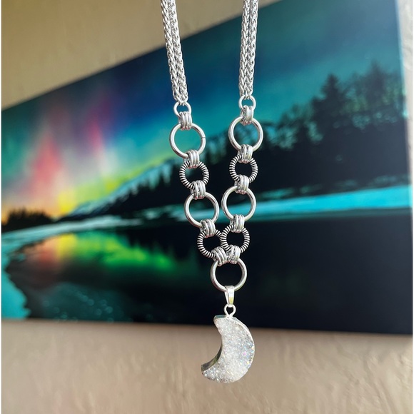 stainless steel necklace double wheat chain druzy quartz crescent moon charm - Picture 11 of 12